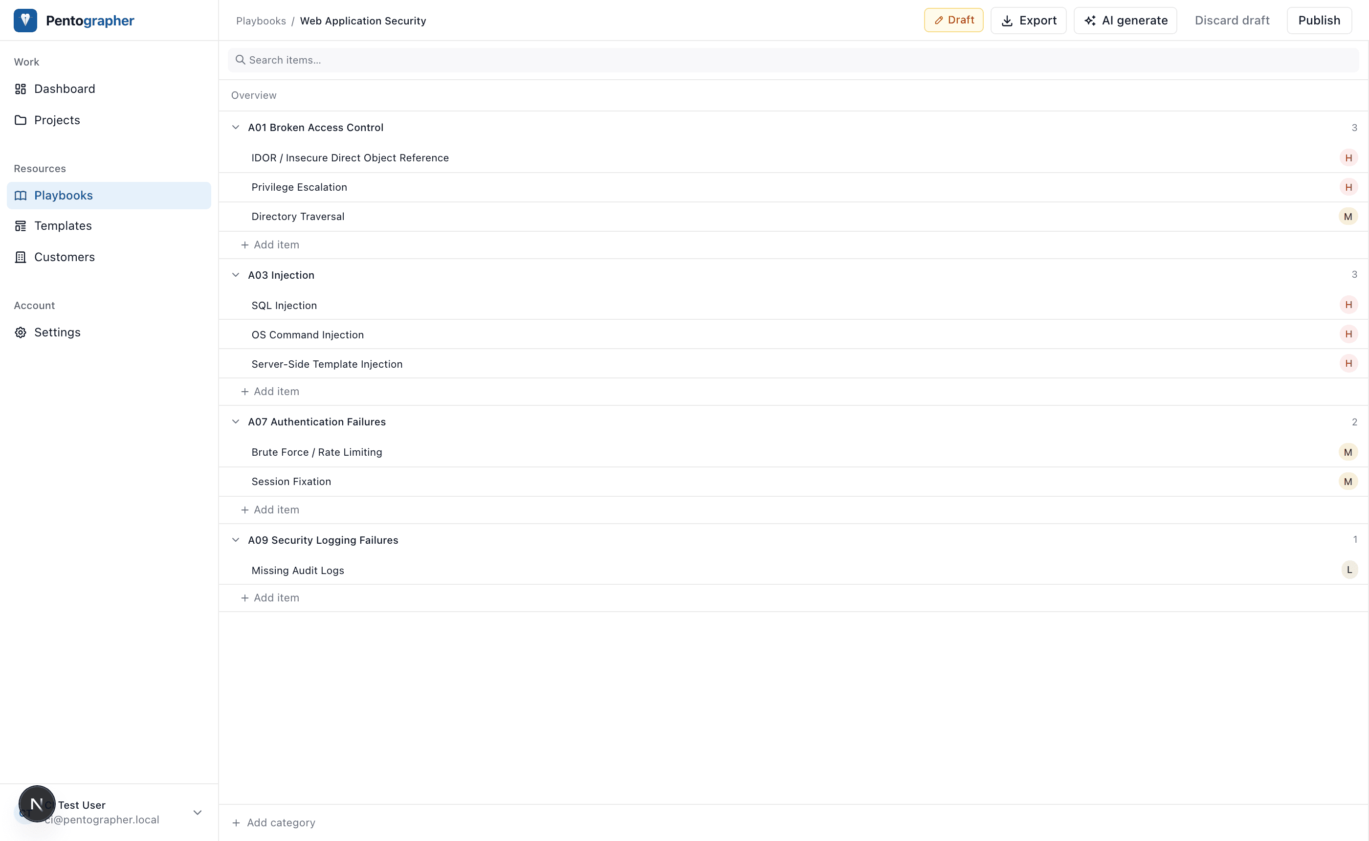 Playbook editor with OWASP-mapped categories